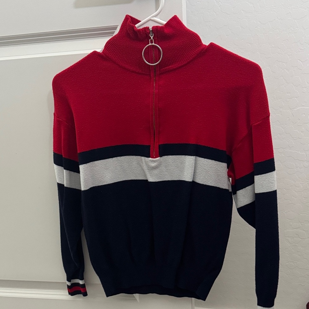 Red and Navy 90s style Sweater with Zipper